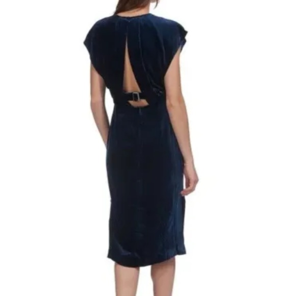 Whistles Plush Velvet Midi Crew Neck Open Back Dress In Sapphire Color Size US 8 - Picture 11 of 12